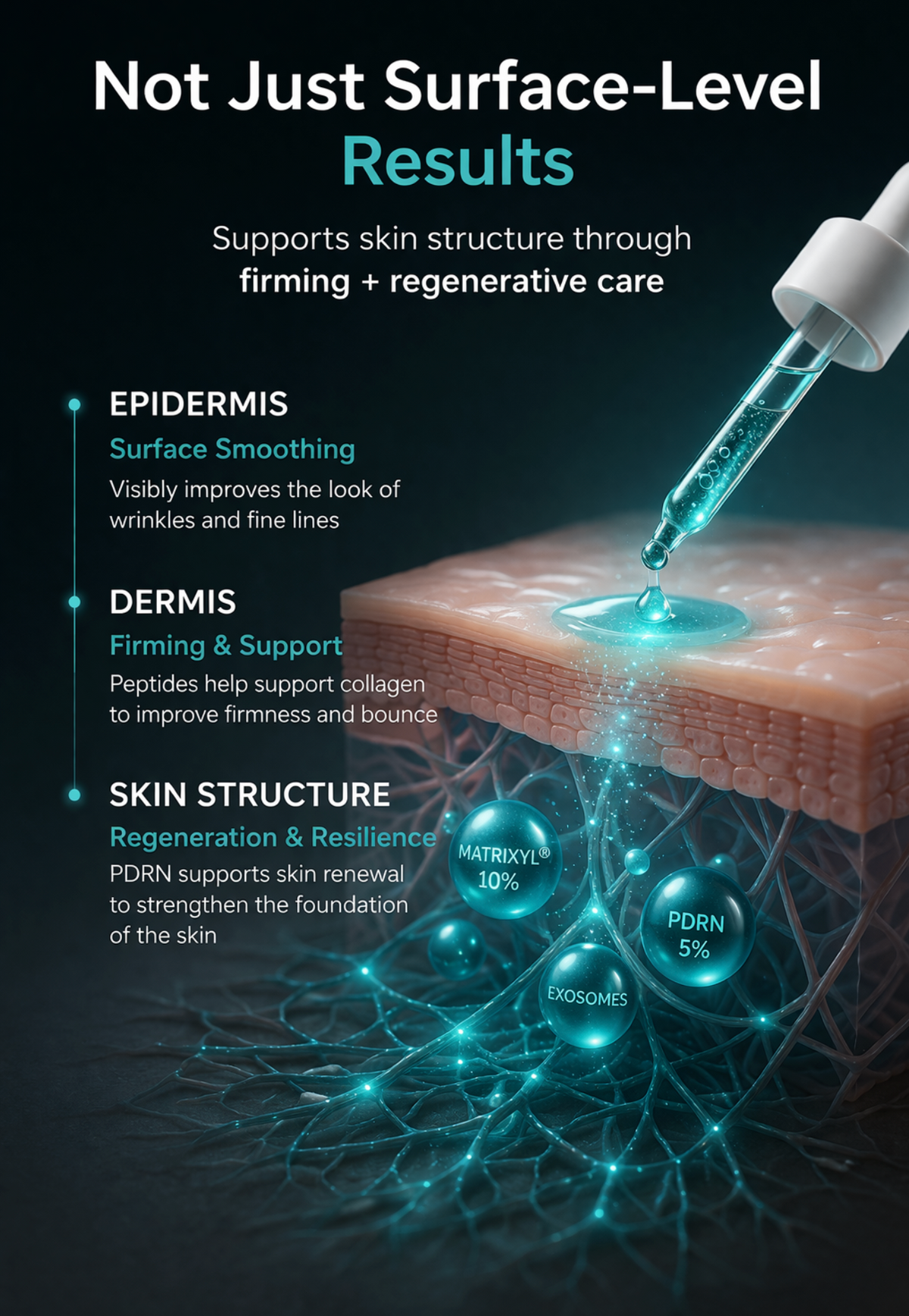 Skin structure illustration showing epidermis, dermis, collagen network, Matrixyl 3000, PDRN and exosomes
